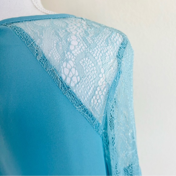 Metaphor Turquoise Blue Lace Drop Shoulder Chiffon Long Sleeve Peasant Blouse - Picture 6 of 8
